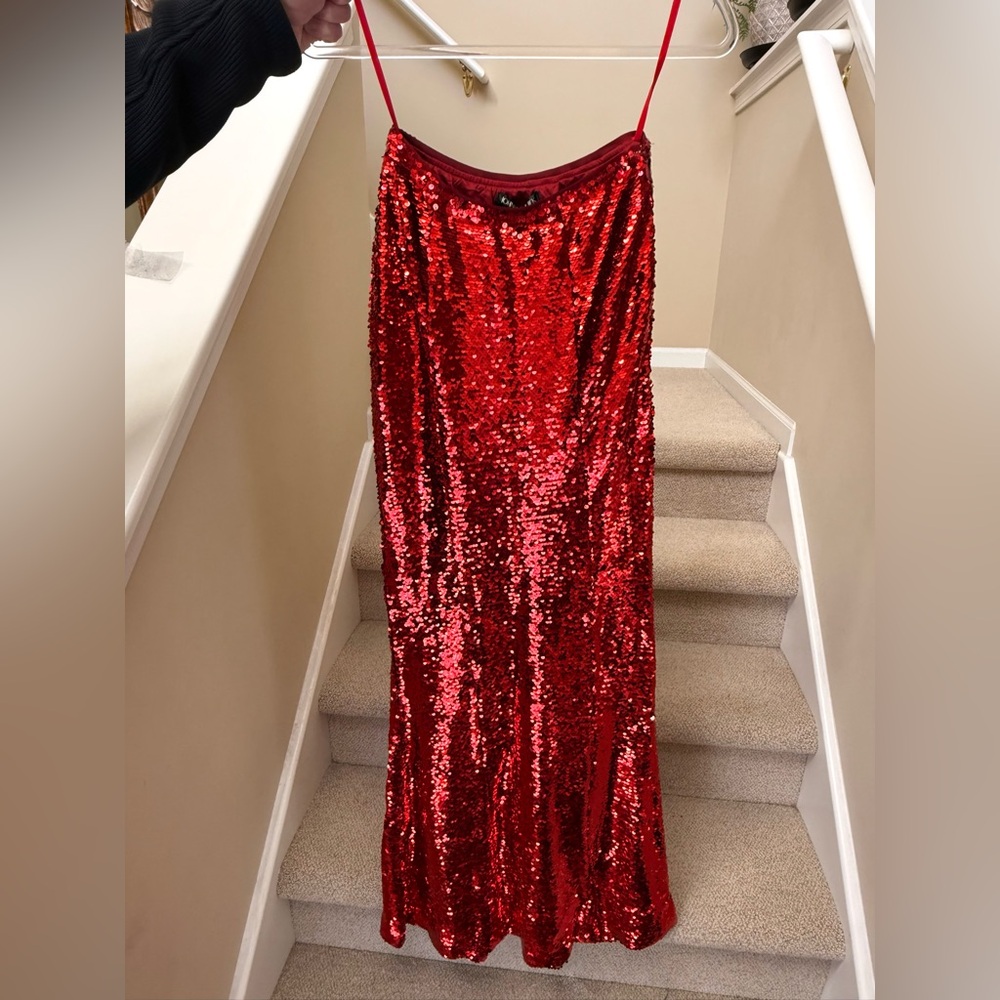 Johnny Wujek Long Strapless Sparkly Red Sequin Dress. Size S.
